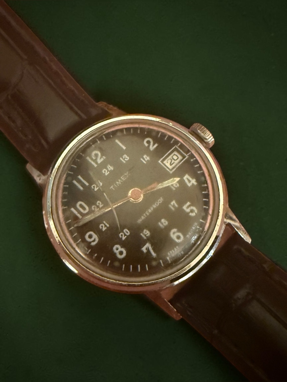 1970 Timex Vintage Mechanical Field Watch Black Dial Date 24HR Running New Strap